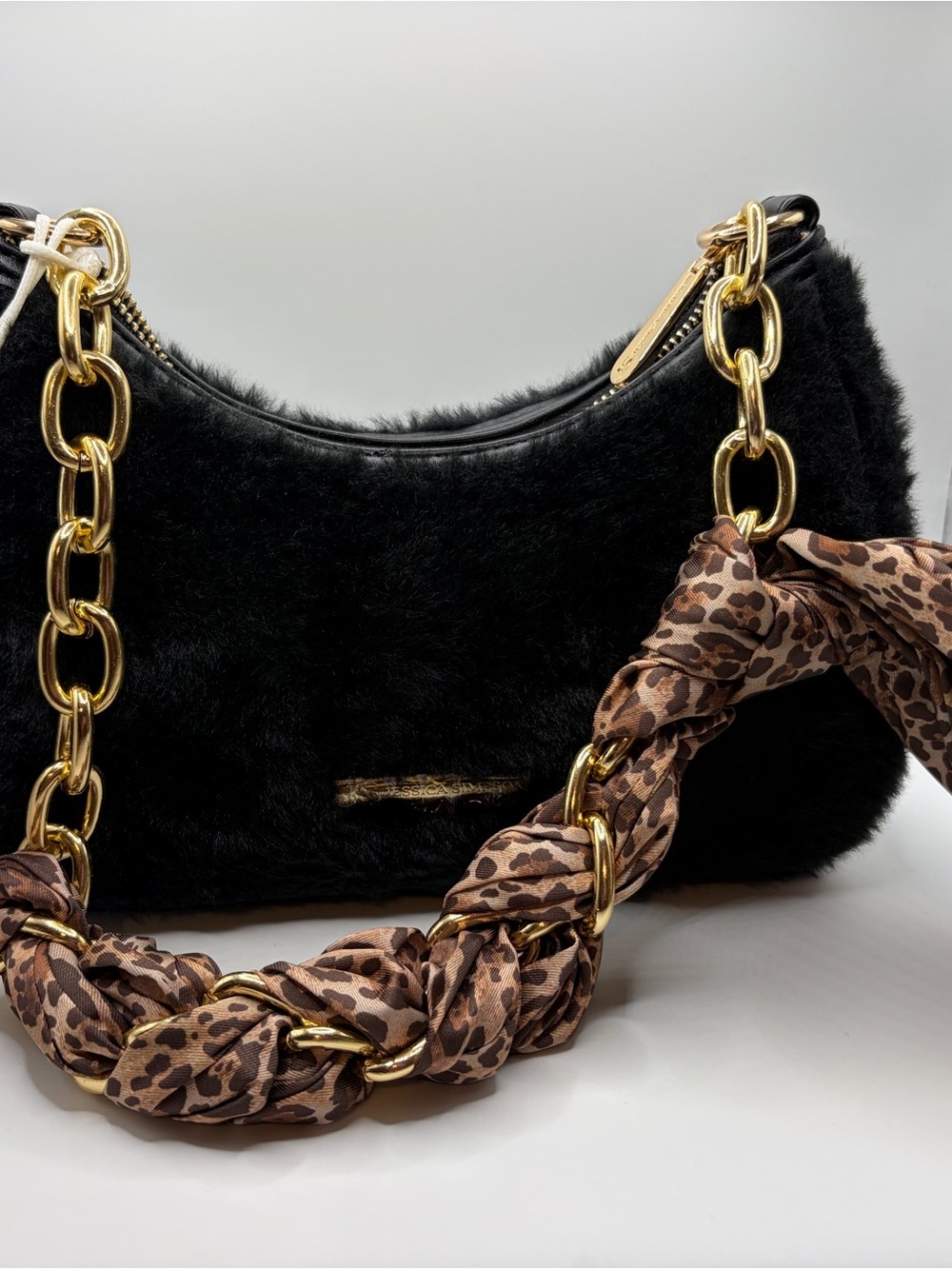 Black Faux Fur Shoulder Bag with Gold Chain and Leopard Scarf